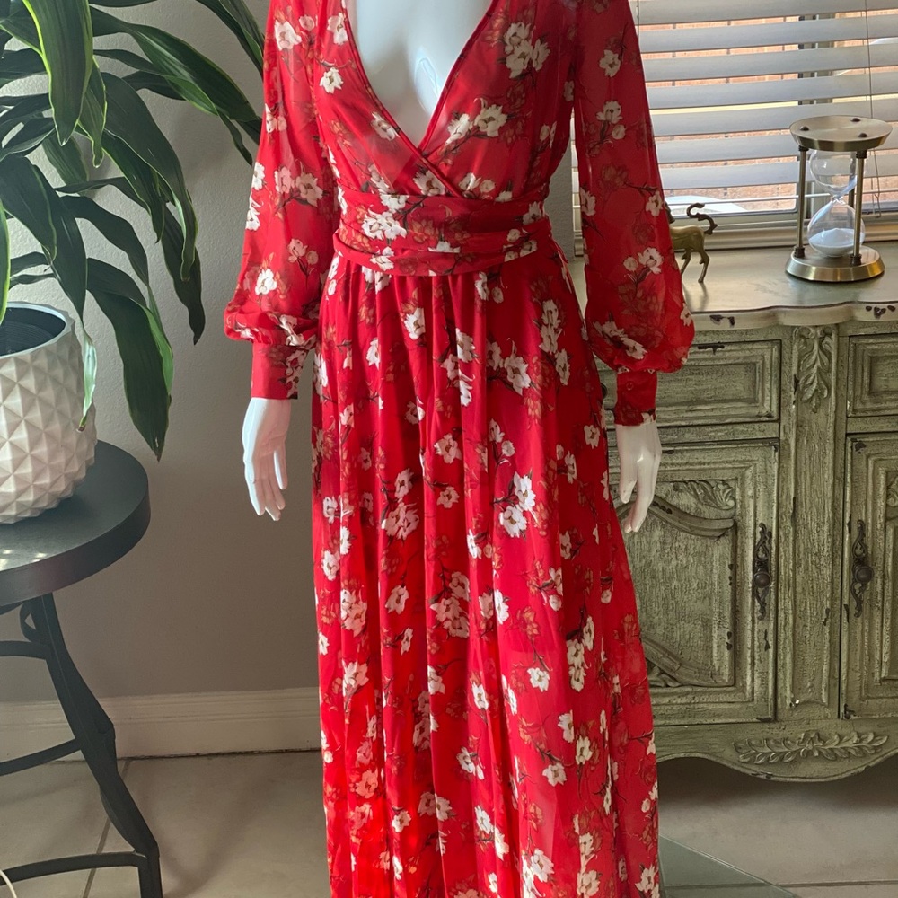 Beautiful Indigo Rose Long Red Dress with White Flowers. Small but fits like M/L